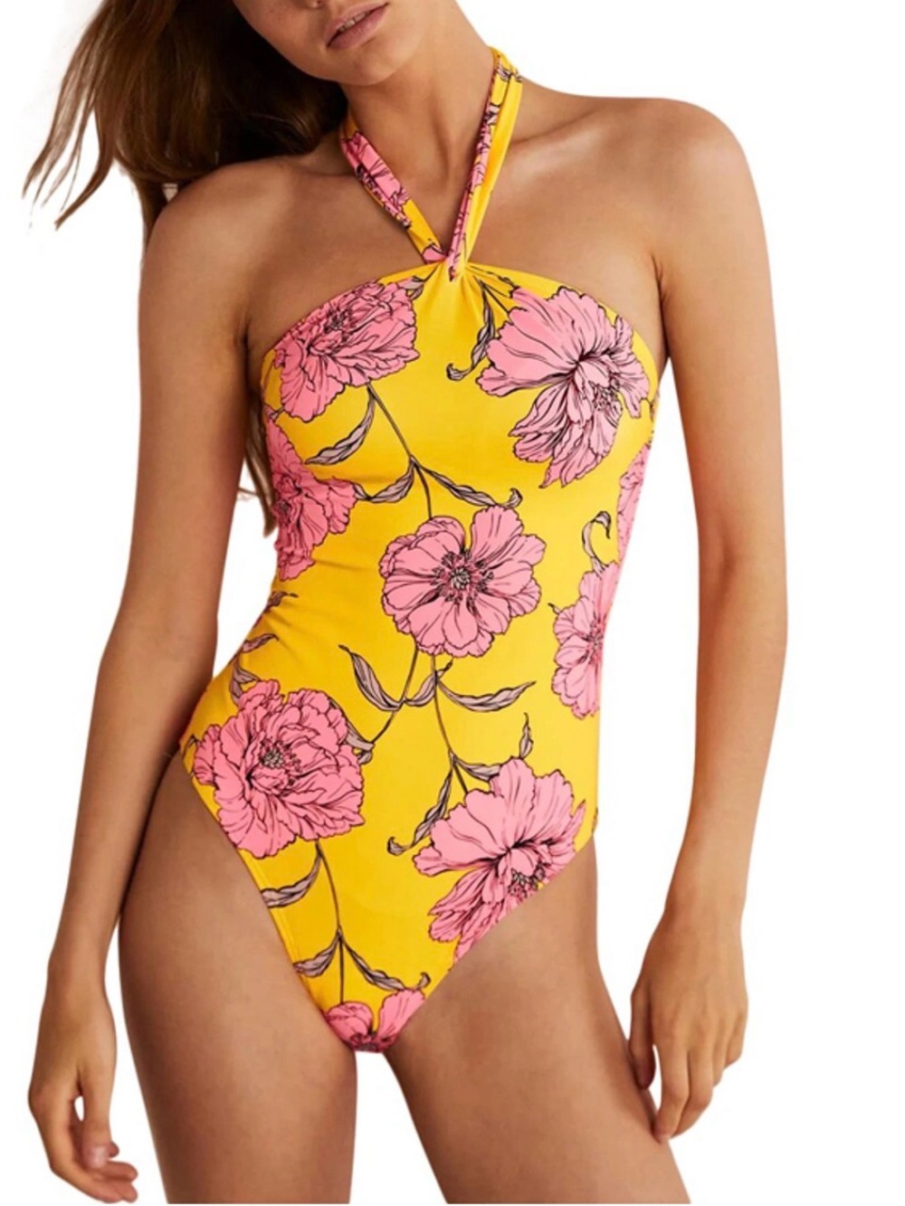 Boden Keyhole Halterneck Swimsuit Size 16-18 Lemon Fizz Peony Bloom